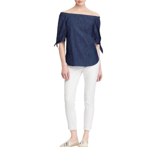 Lauren Ralph Lauren Denim Off Shoulder Tie Sleeve Shirt - Picture 1 of 11
